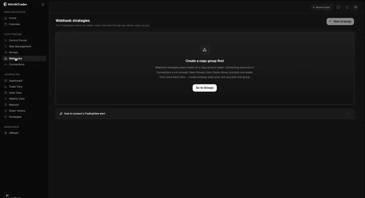 Webhooks: Create strategy stays grey until you pick Trade on — a single account or a copier group.