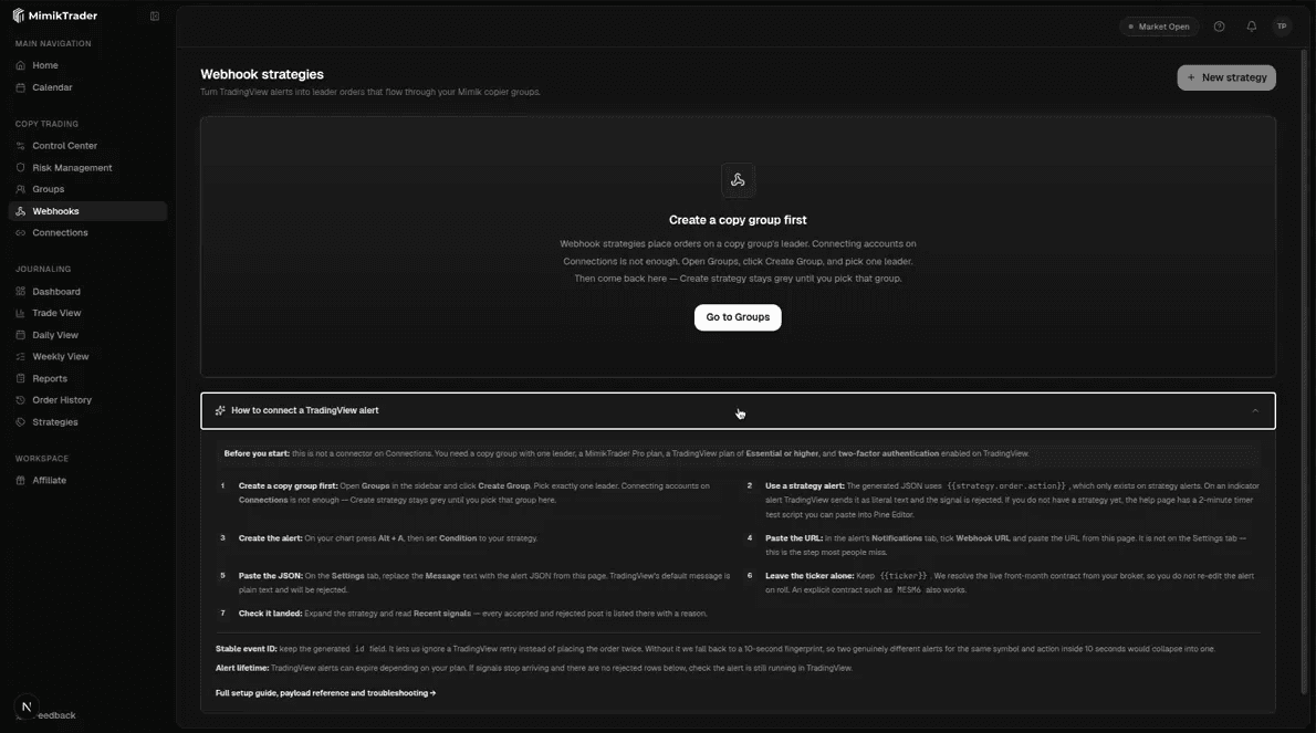 Webhooks setup guide: create a copy group first, use a strategy alert, paste the URL on Notifications and the JSON into Message.