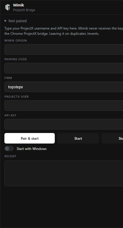 Tray window: pairing code, firm, ProjectX user, API key, Start with Windows